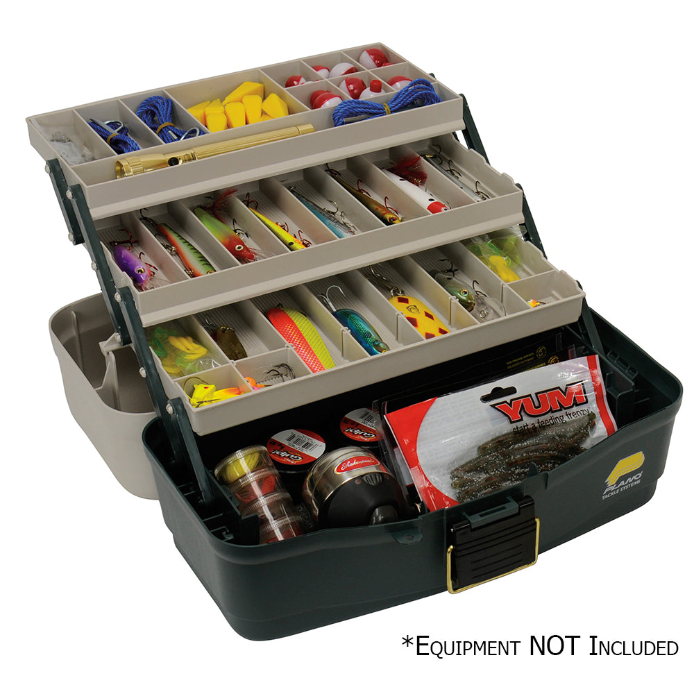 Plano Three-Tray Fixed Compartment Tackle Box for secure tackle storage, featuring multiple compartments and durable construction.