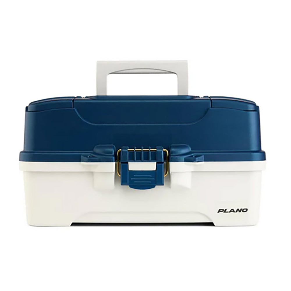 Plano three-tray tackle box in blue and white for fishing gear storage, featuring multiple compartments for organization.