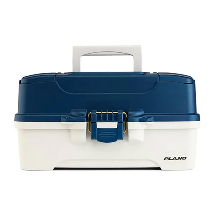 Plano three-tray tackle box in blue and white for fishing gear storage, featuring multiple compartments for organization.
