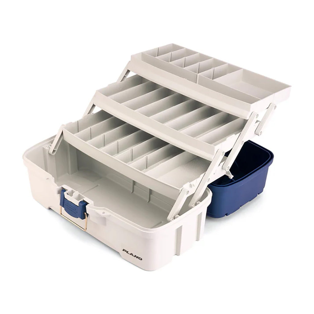 Plano Three-Tray Tackle Box in blue and white, compact tackle storage with multiple trays for fishing gear organization.
