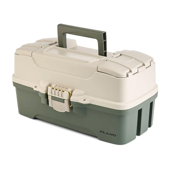 Plano Three-Tray Tackle Box in green and tan for secure fishing tackle storage with multiple compartments.