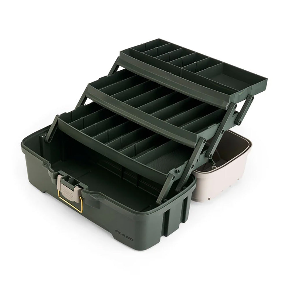 Plano three-tray tackle box in green and tan, designed for fishing tackle storage with multiple compartments and secure latches.
