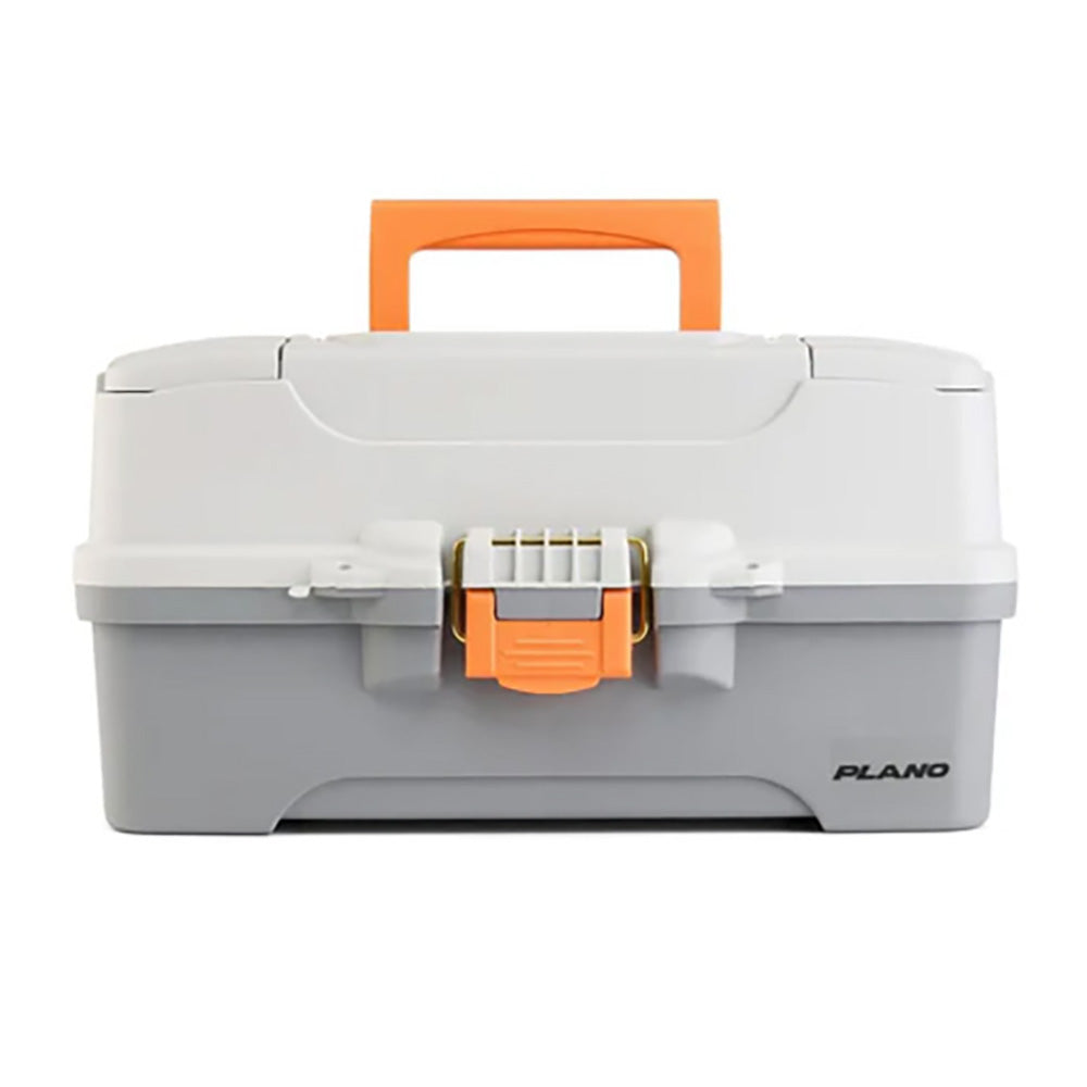 Plano three-tray tackle box in light and dark grey for fishing tackle storage, with multiple compartments and secure lid.