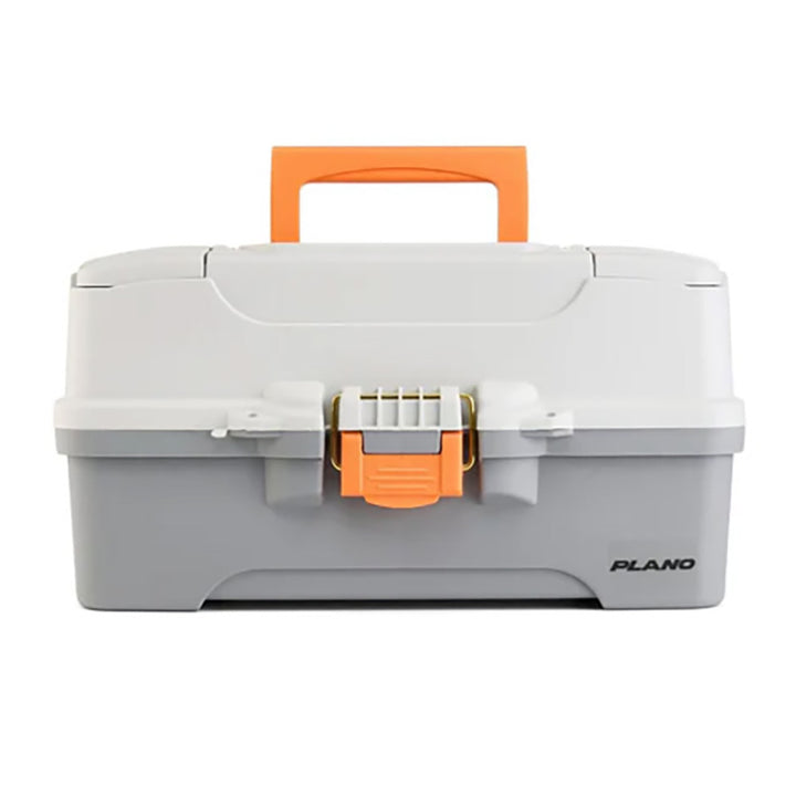 Plano three-tray tackle box in light and dark grey for fishing tackle storage, with multiple compartments and secure lid.