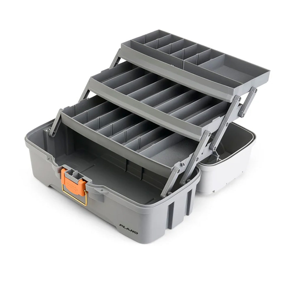 Plano Three-Tray Tackle Box in light grey and dark grey, featuring multiple storage trays for fishing tackle organization.