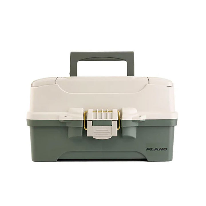 Plano Two-Tray Tackle Box in green and tan, storage for fishing tackle with multiple compartments and secure latches.