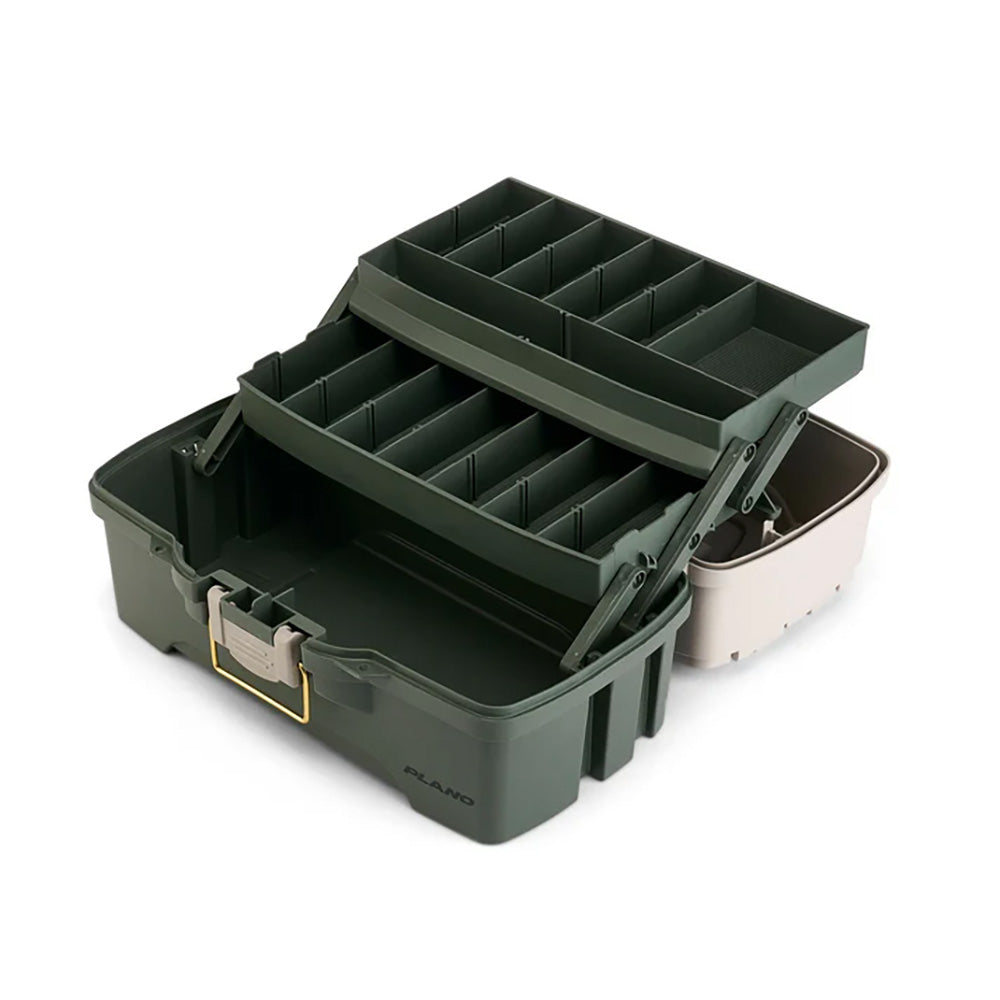 Plano Two-Tray Tackle Box in green and tan, a durable tackle storage box with multiple compartments for fishing gear.