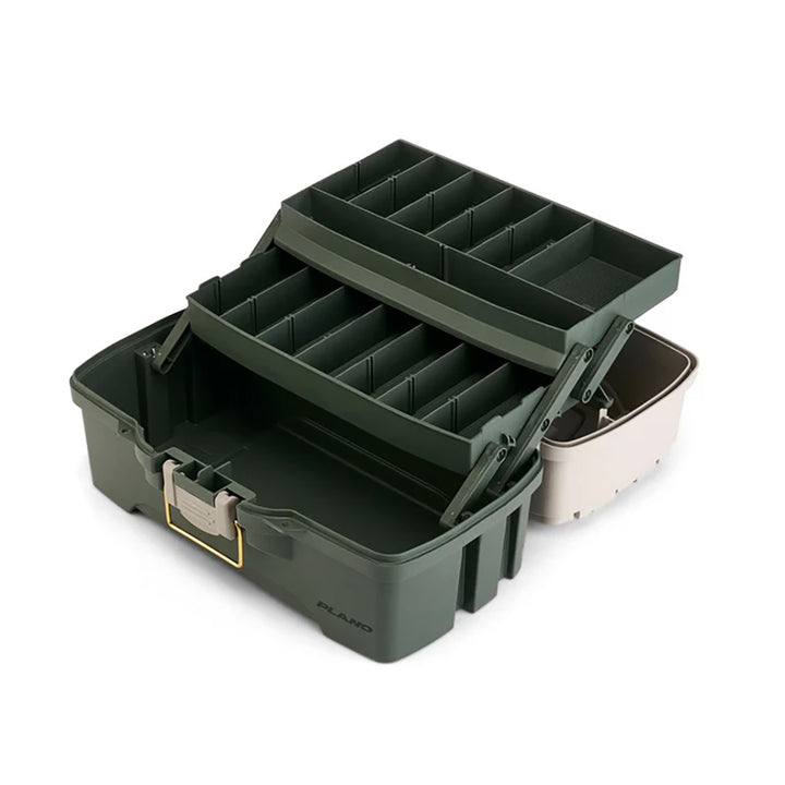 Plano Two-Tray Tackle Box in green and tan, a durable tackle storage box with multiple compartments for fishing gear.