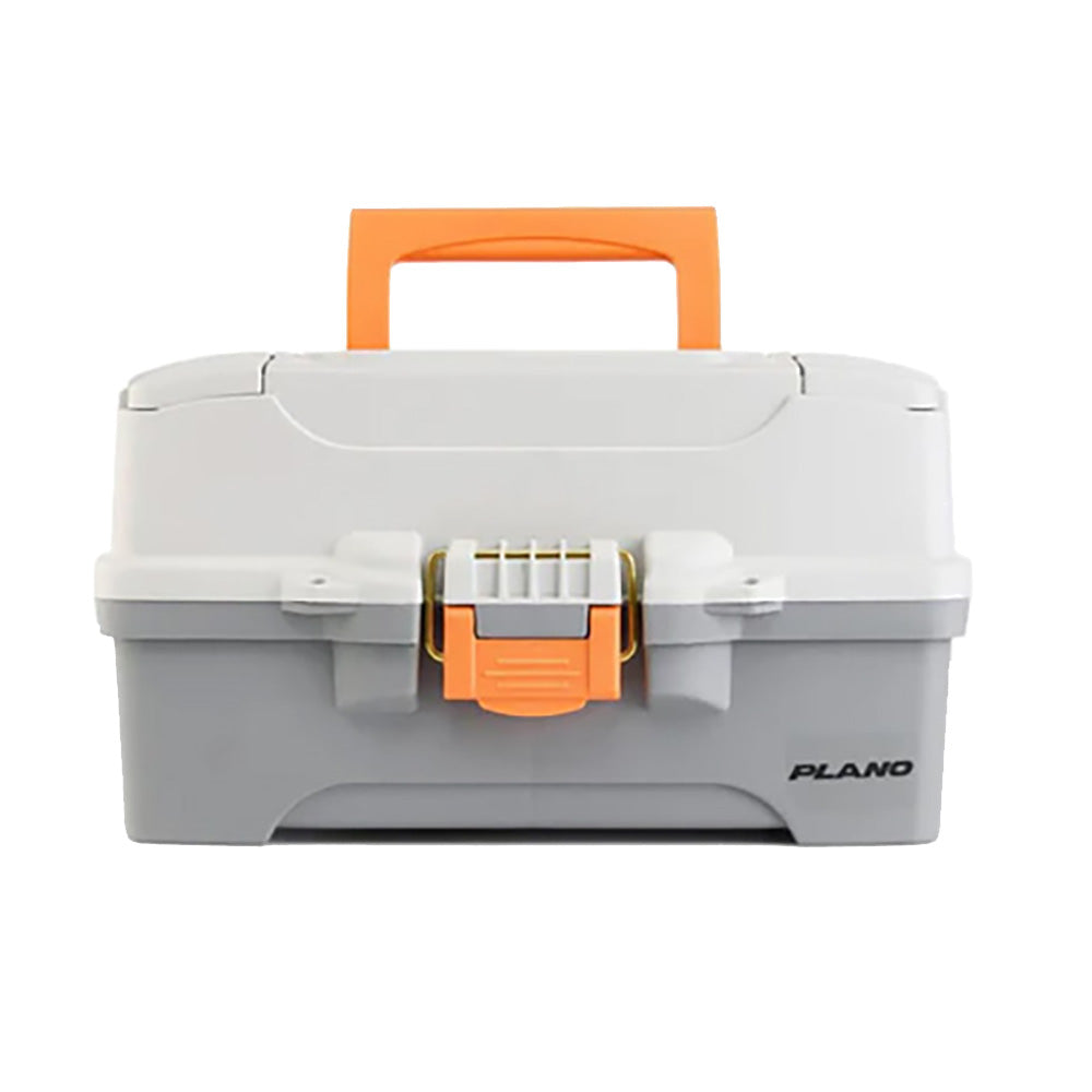Plano Two-Tray Tackle Box in light grey and dark grey for secure fishing tackle storage with multiple compartments.