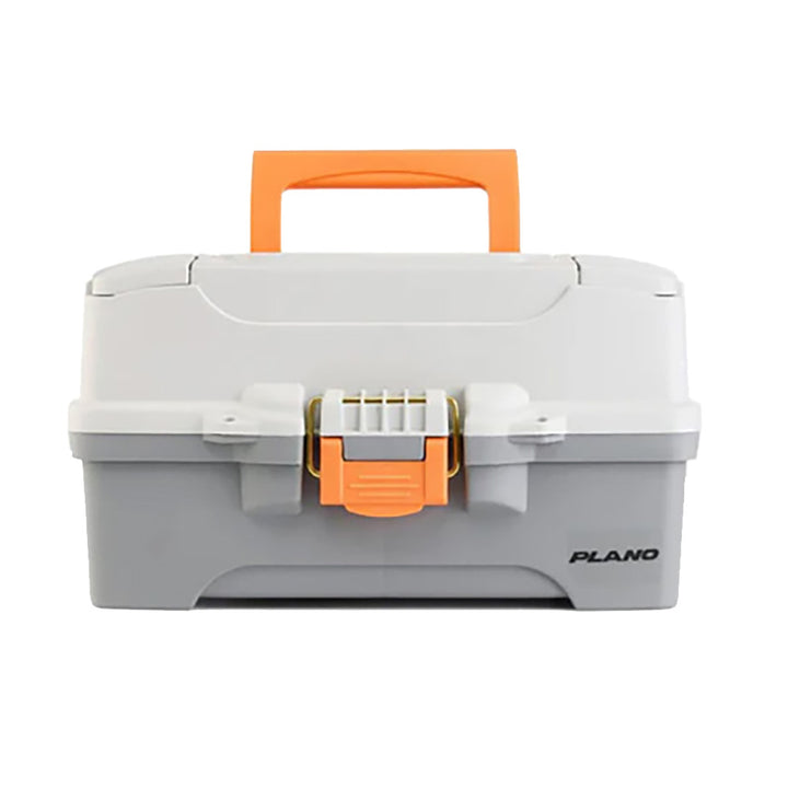 Plano Two-Tray Tackle Box in light grey and dark grey for secure fishing tackle storage with multiple compartments.