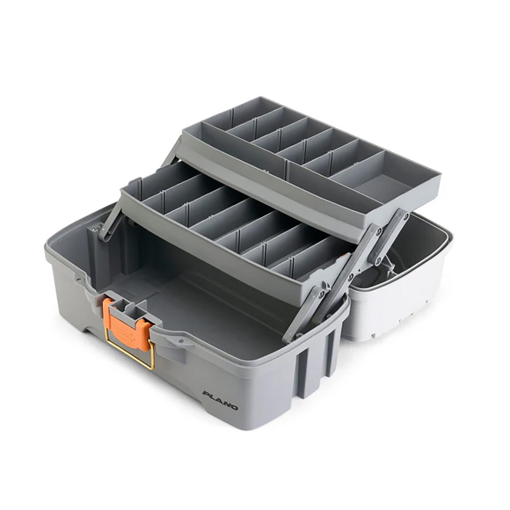 Plano Two-Tray Tackle Box in light grey and dark grey with multiple compartments for fishing tackle storage