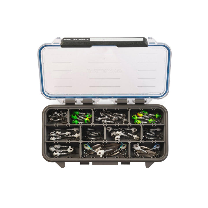 Plano Waterproof Stowaway 3500 tackle storage box with secure latch and multiple compartments for fishing gear organization.