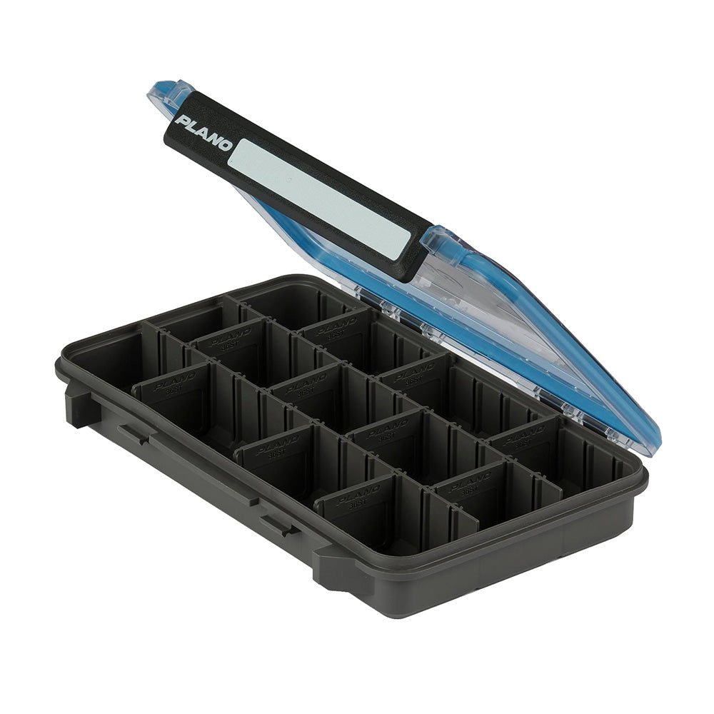 Plano Waterproof Stowaway 3600 tackle storage case, waterproof plastic container with secure latch and multiple compartments.