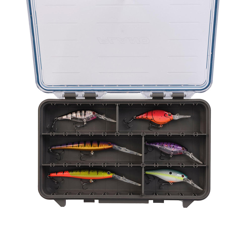 Plano Waterproof Stowaway 3600 tackle storage box with secure latch and multiple compartments for fishing gear organization.