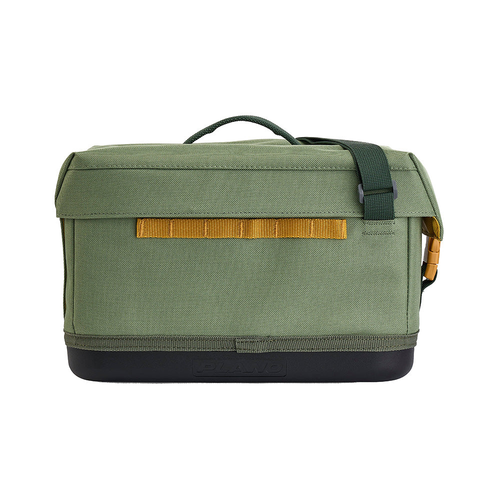 Plano Weekend Softsider Tackle Bag 3600 Series in moss green, showing multiple compartments and rugged handle for fishing storage.