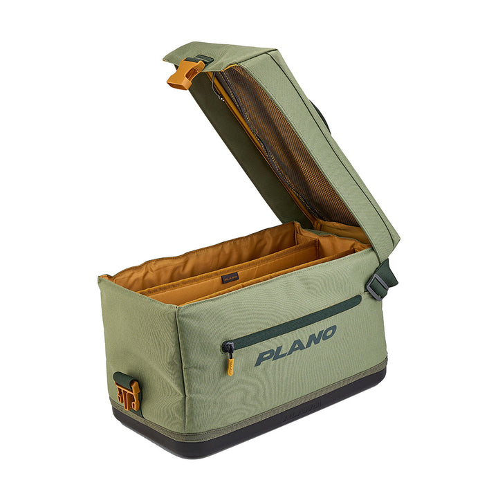 Plano Weekend Softsider Tackle Bag 3600 Series in moss, showcasing multiple compartments and durable soft-sided tackle storage.
