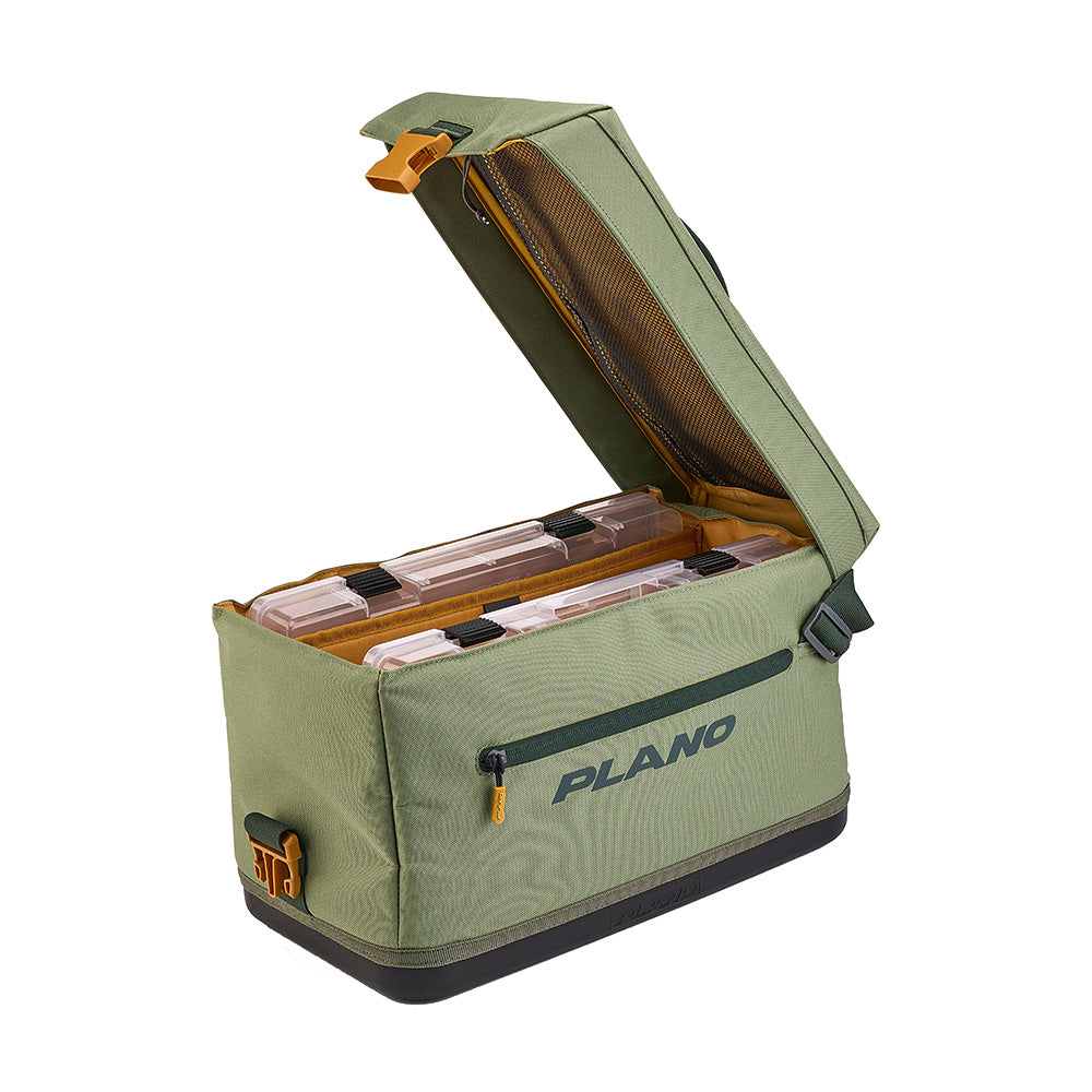 Plano Weekend Softsider Tackle Bag from the 3700 Series in moss color, soft-sided tackle storage with multiple compartments.