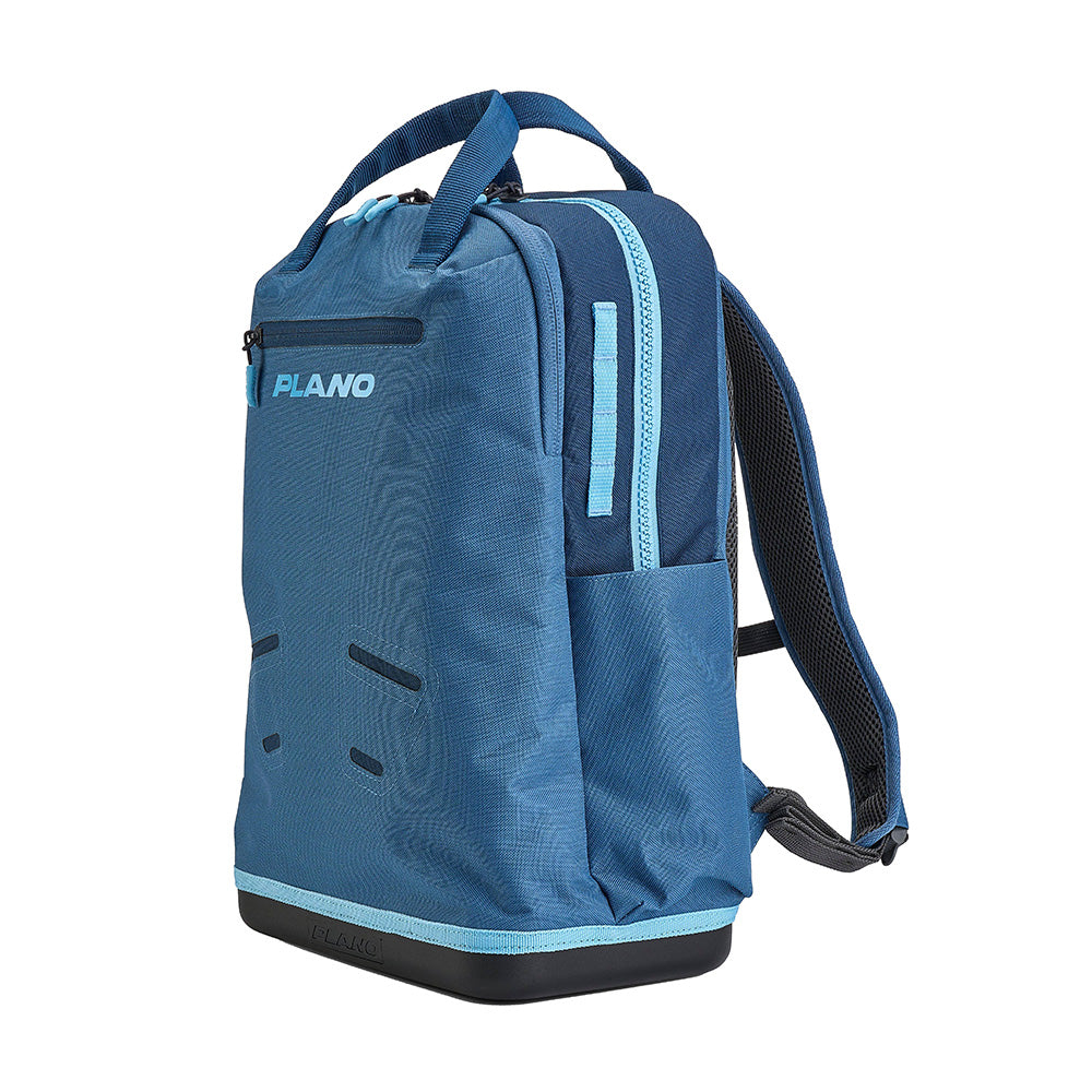 Plano Weekend Tackle Backpack in Wave color, showing multiple tackle storage compartments and adjustable straps.