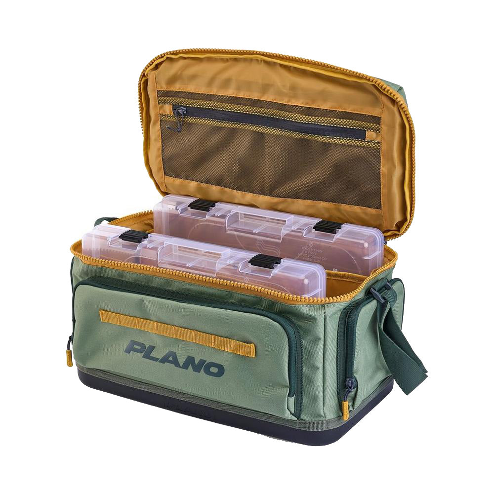 Plano Weekend Tackle Bag 3700 in moss color, a durable tackle storage bag with multiple compartments for fishing gear.
