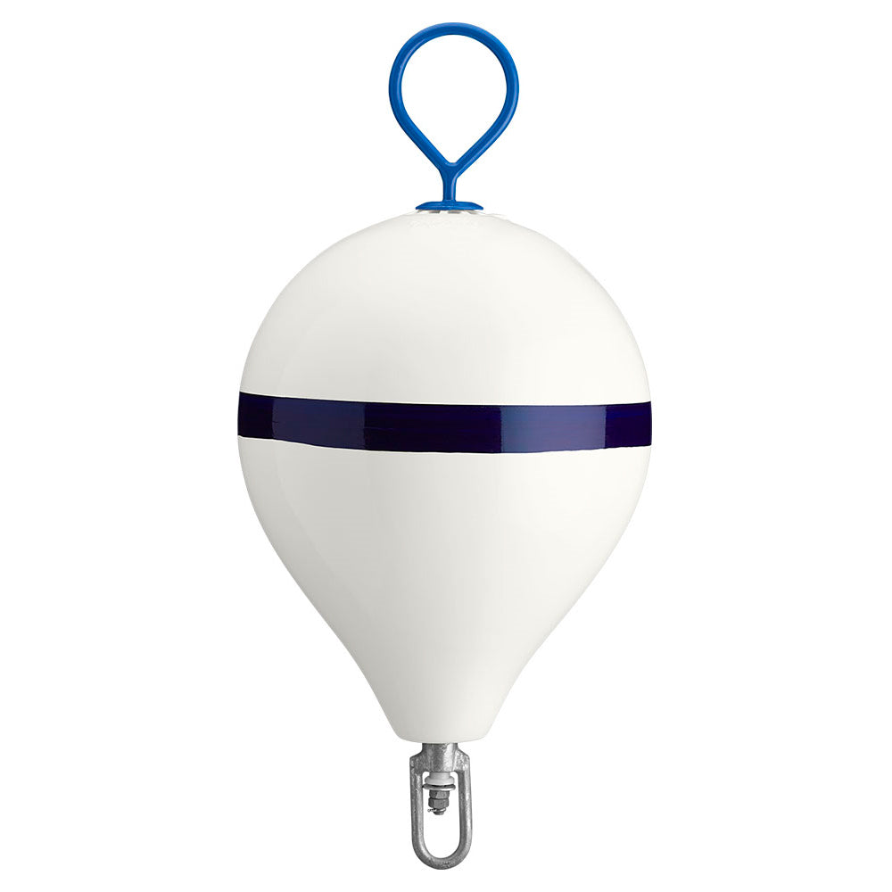 Polyform U.S. 17-inch CM mooring buoy with white and blue stripes, galvanized iron hardware, designed for marine anchoring.