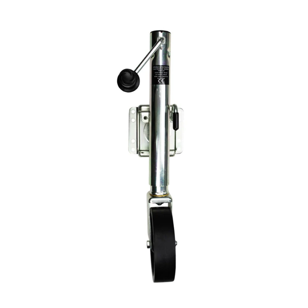 Powerwinch Saltwater Series Jack with 1500lb capacity, bolt-on design, single wheel, zinc coating, salt spray resistant for marine use.