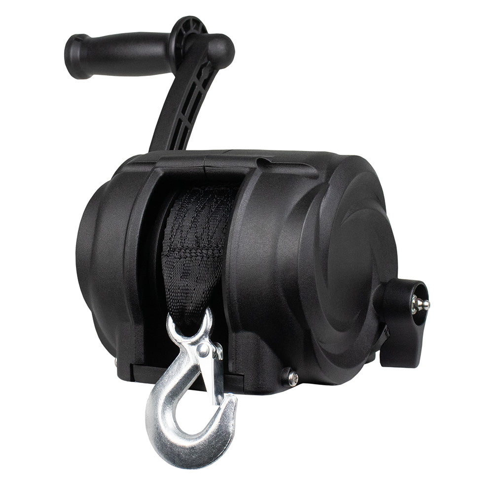 Powerwinch Premier Series 2000lb trailer winch with 8-inch crank arm in carbon black, designed for durable boat and trailer hauling.