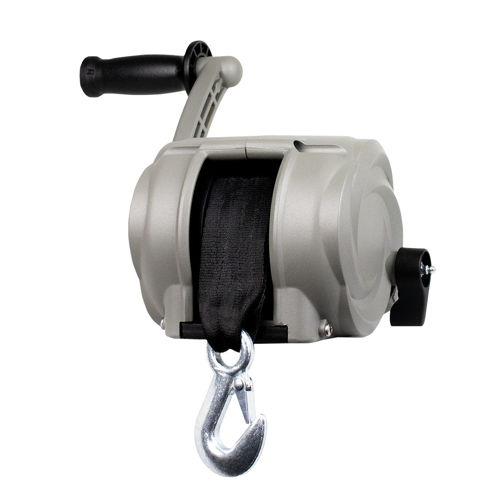 Powerwinch Premier Series trailer winch with 2000lb capacity, 8-inch crank arm, saltwater silver finish, suitable for boat or trailer use.