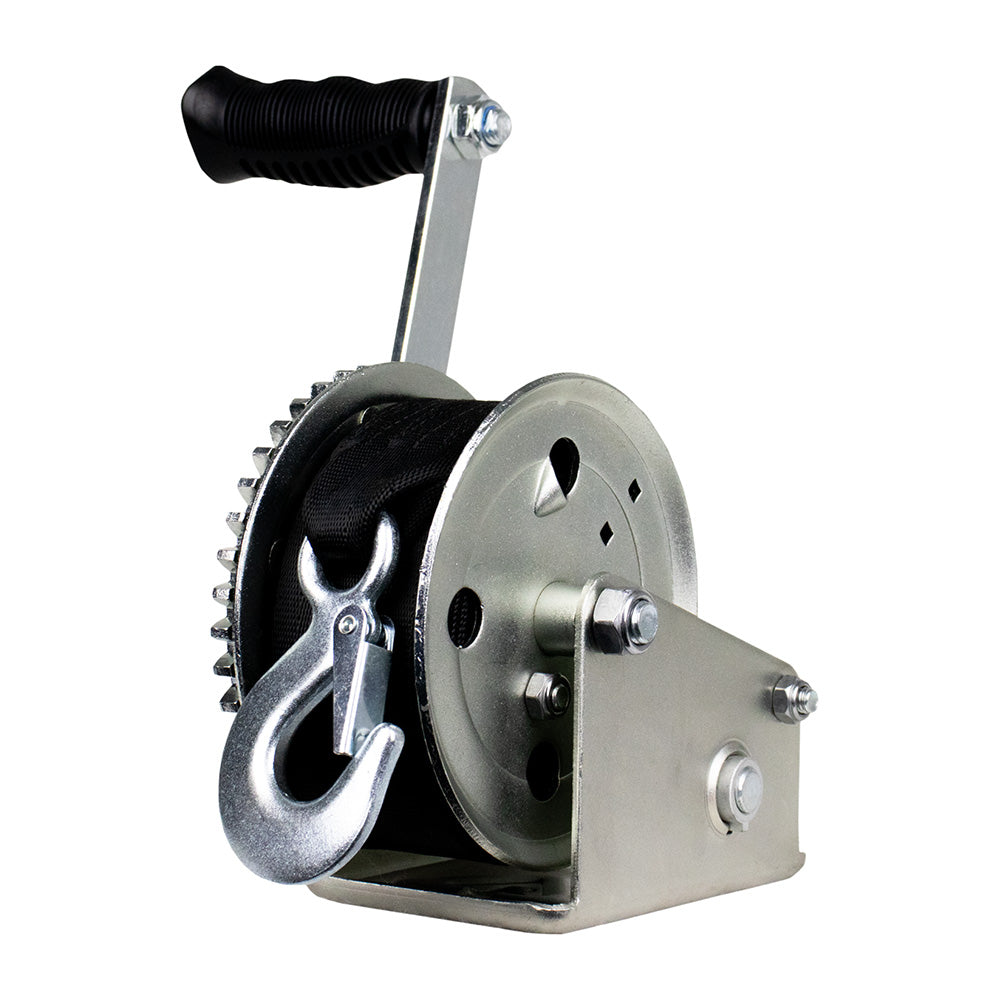 Powerwinch Utility Series trailer winch with 1,200lb capacity, zinc finish, 8-inch crank arm for easy manual operation.