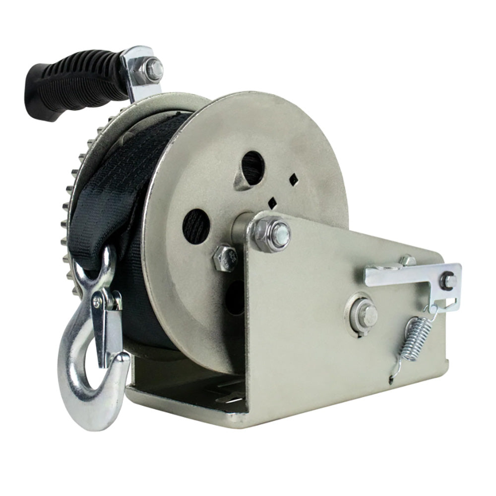Powerwinch Utility Series trailer winch with zinc finish, 1,800lb capacity, 2-speed, 6-inch crank arm for heavy-duty hauling.