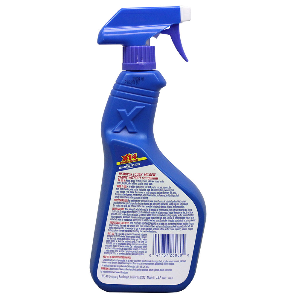 Presta X-14 Mildew Stain Remover in 32oz bottle, effective cleaning solution for mold and mildew stains on various surfaces.