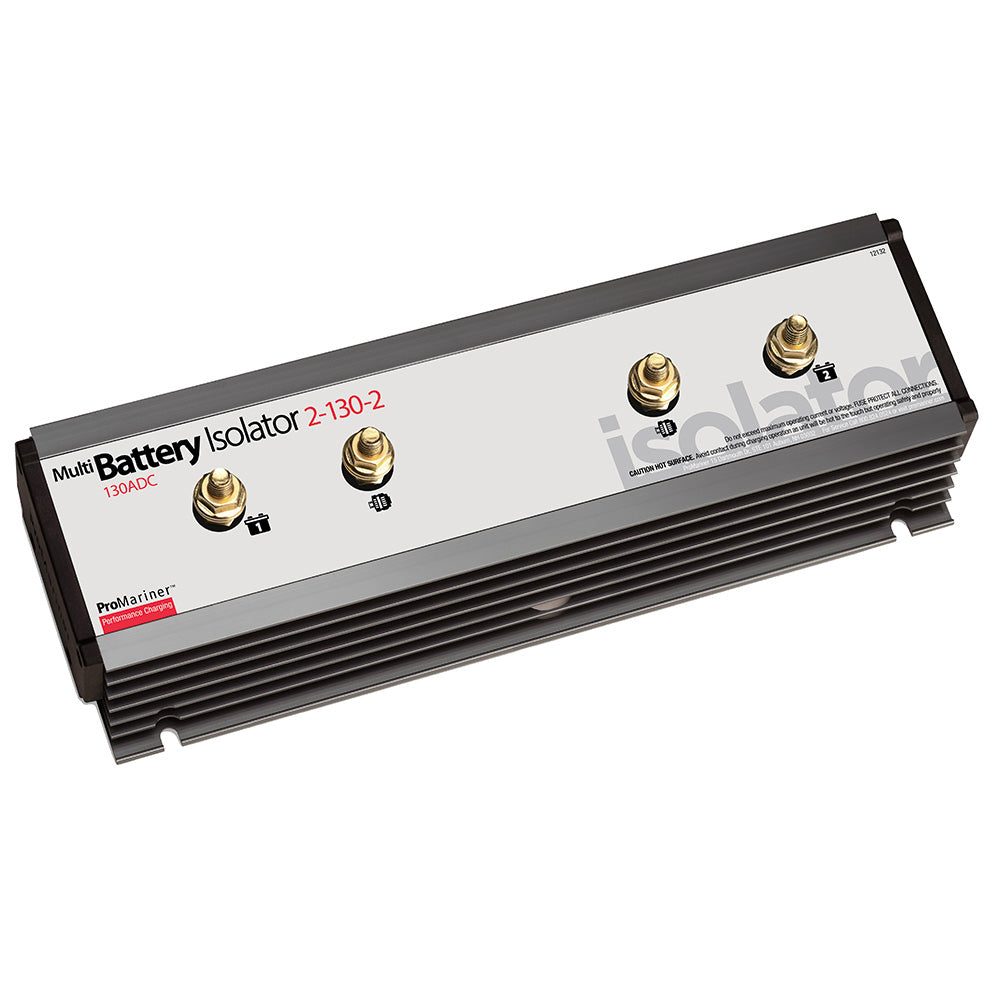 ProMariner 130 AMP battery isolator with dual alternator and battery connections, designed for marine electrical systems.