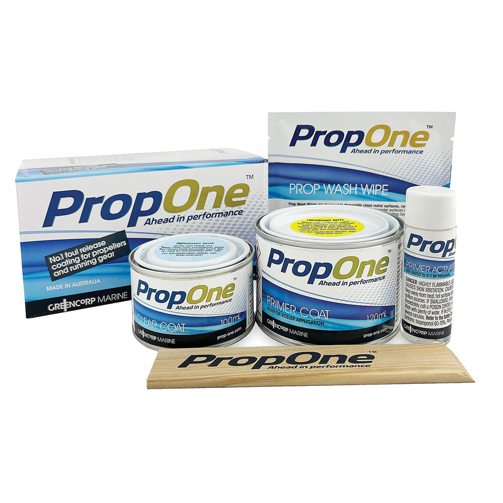 PropOne Kit with 250ml of propeller cleaner solution, featuring PropOne brand propellers and cleaning equipment.