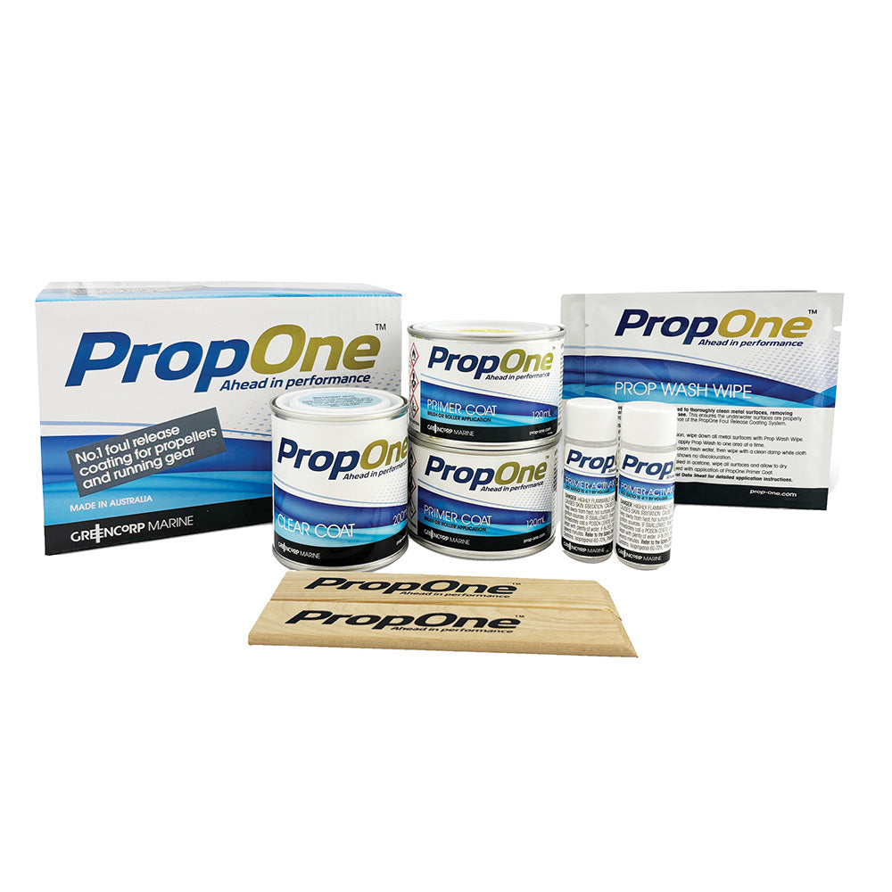 PropOne Kit with 500ml of propeller cleaning solution, featuring PropOne branded propellers and cleaning tools.