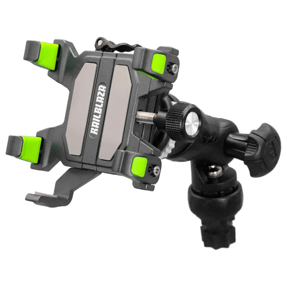 RAILBLAZA Anchorpoint Phone Holder accessory mounted on boat, securely holding a smartphone with adjustable grip.