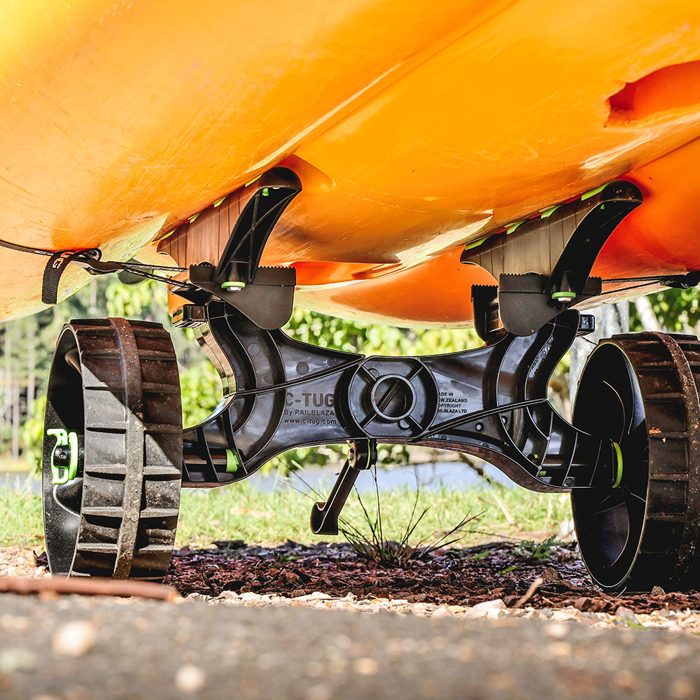 RAILBLAZA C-Tug R kayak cart with Kiwi puncture-free wheels, durable kayak accessories for easy transport and stability.