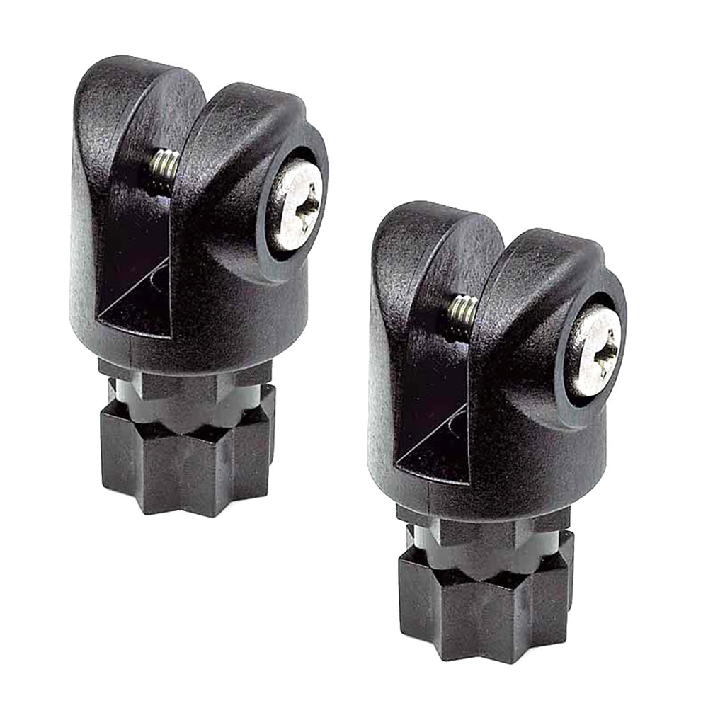 Pair of black RAILBLAZA Clevis/Bimini supports for boat accessories, shown in a close-up with mounting hardware.