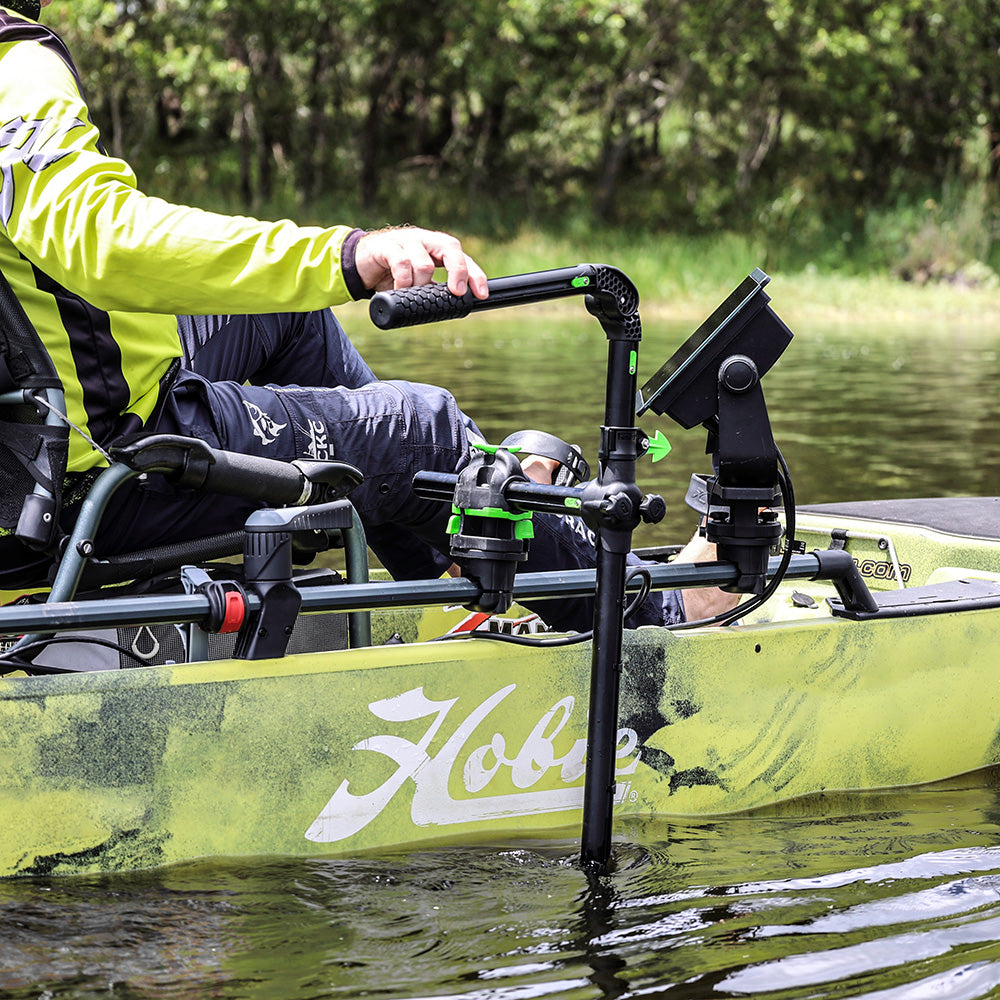 Railblaza HEXX Live Pole 30 fishing accessory mounted on boat, showcasing its compact design and durable construction for anglers.