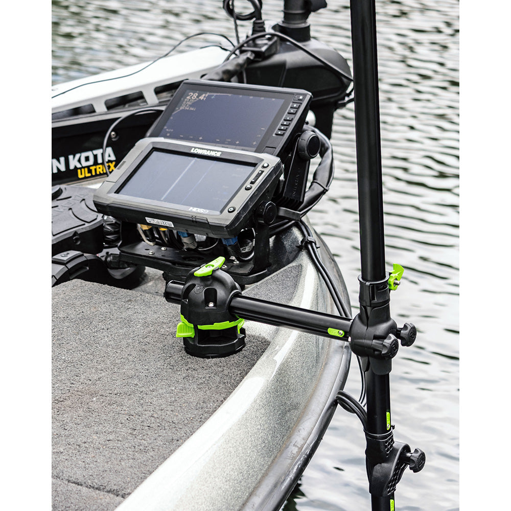 Railblaza HEXX Live Pole 60 fishing accessory mounted on a boat, showcasing its compact design and durable construction for fishing.