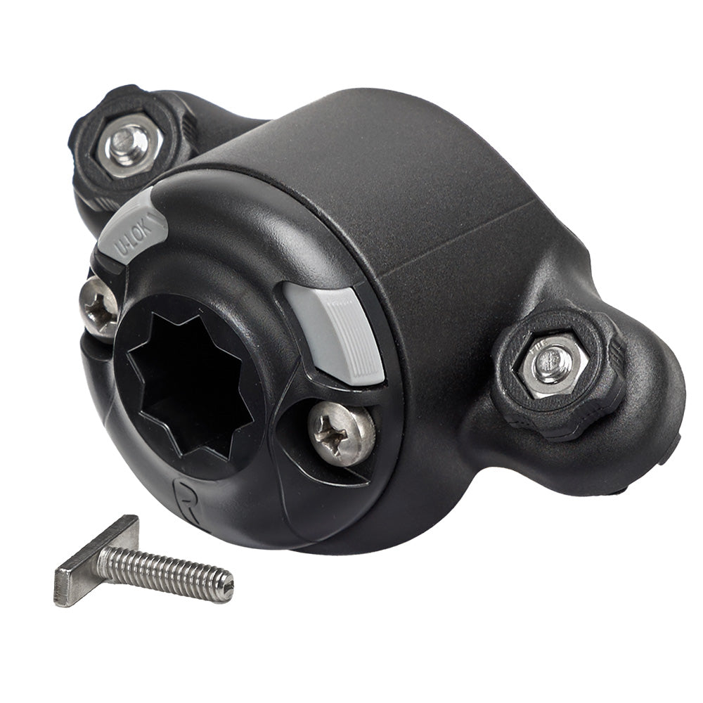 RAILBLAZA TracLoader 45 StarPort fishing accessory mounted on boat rail for versatile equipment attachment.