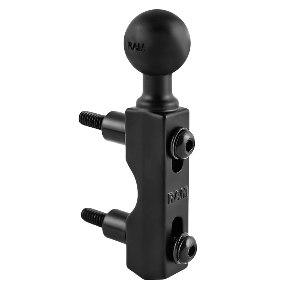 RAM Mount Motorcycle Brake/Clutch Reservoir Base B Size by RAM Mounting Systems, shown mounted on a motorcycle.