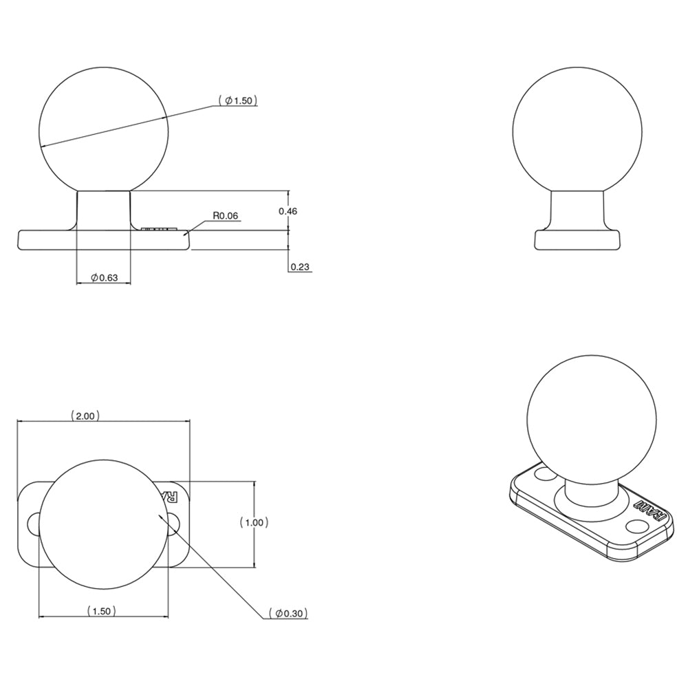 RAM Mount C Size 1" x 2" rectangle base with 1.5" ball for secure mounting, used with RAM Mounting Systems products.