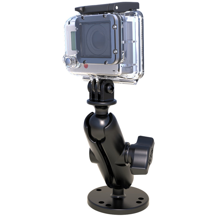 RAM Mount 1-inch ball camera mount with custom GoPro Hero adapter, suitable for secure action camera attachment.