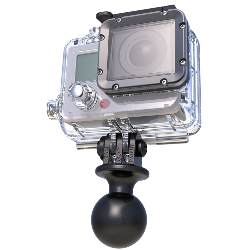 RAM Mount 1-inch ball camera mount with custom GoPro Hero adapter, designed for secure action camera attachment.