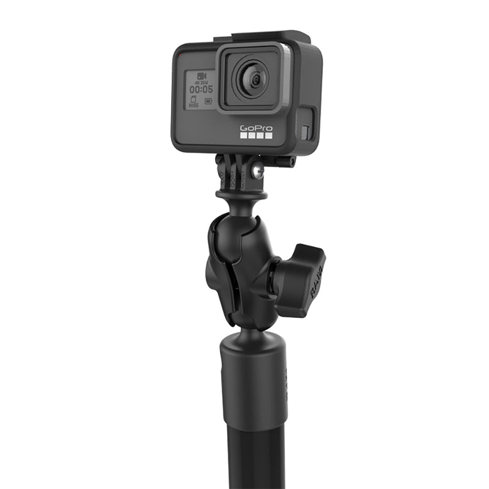 RAM Mounts RAM Tough-Pole 23-inch action camera track mount secured on a pole, designed for durable camera positioning and tracking.