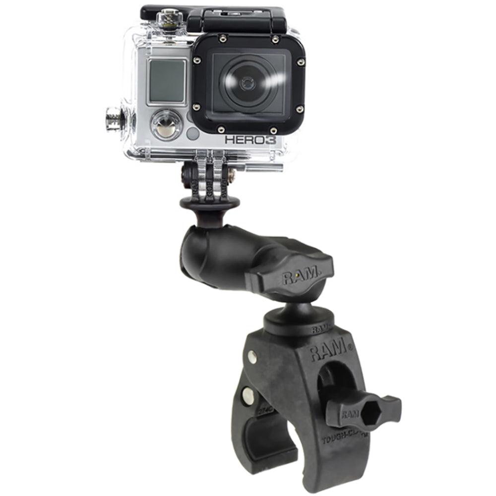 RAM Mount Small Tough-Claw Base with Short Double Socket Arm for GoPro and action cameras, mounted on a rugged surface.