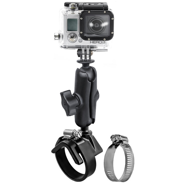 RAM Mount Strap Base with GoPro camera mount, durable mounting system for action cameras, designed by RAM Mounting Systems.