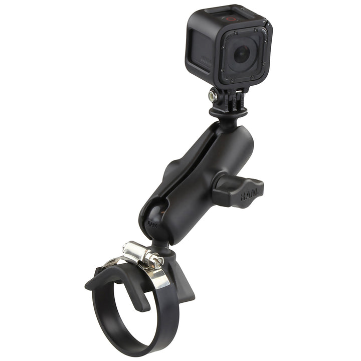 RAM Mount Strap Base with GoPro camera mount, durable plastic and metal, designed for secure camera attachment to straps or gear.