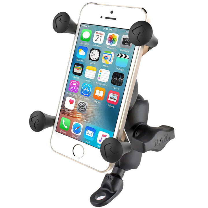 RAM Mount 9mm angled motorcycle mount with short double socket arm and universal X-Grip cell phone cradle for iPhone and smartphones.