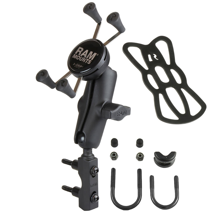 RAM Mount combination brake/clutch reservoir U-bolt mount with universal X-Grip cell phone cradle on motorcycle handlebar
