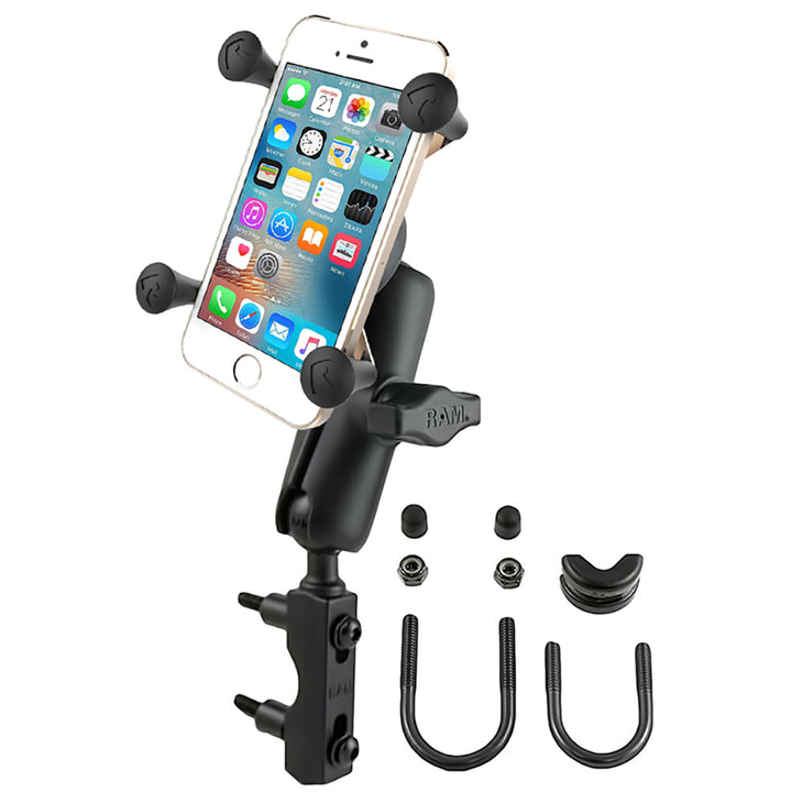 RAM Mount Combination Brake/Clutch Reservoir U-Bolt Mount with Universal X-Grip cell phone cradle for secure motorcycle handlebar attachment